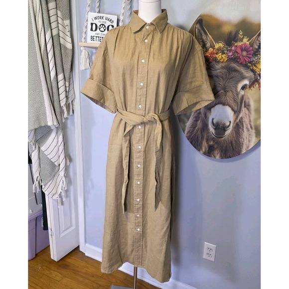 Polo Ralph Lauren Dresses & Skirts - Polo Ralph Lauren Belted Linen Shirt Dress Size 12 Safari Tan Neutral Minimalist